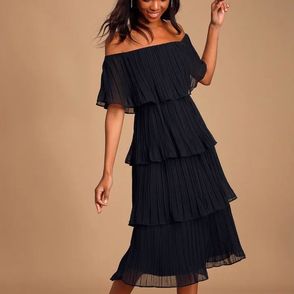 Lulus Dresses & Skirts - Lulu's Gala Ready Black Off-the-Shoulder Ruffle Midi Dress